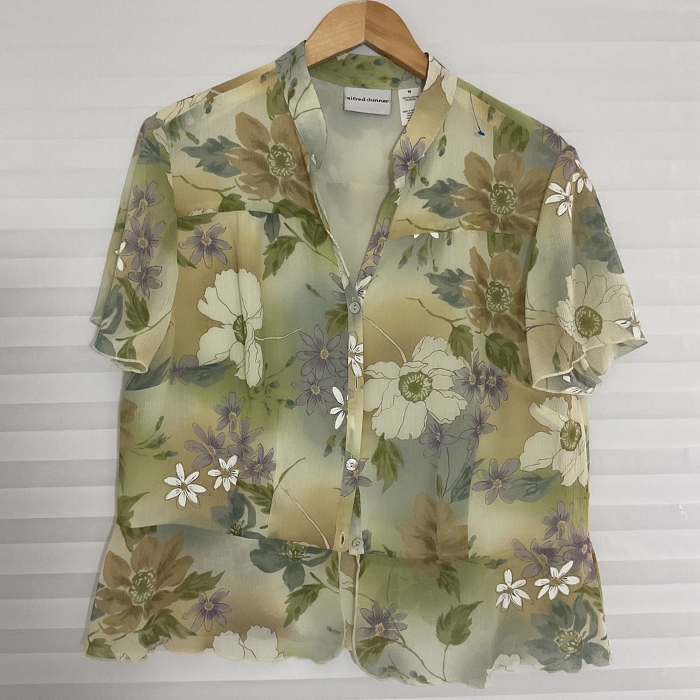Alfred Dunner Womens Floral Chiffon ButtonUp Blouse Green Purple 16 Peplum Style